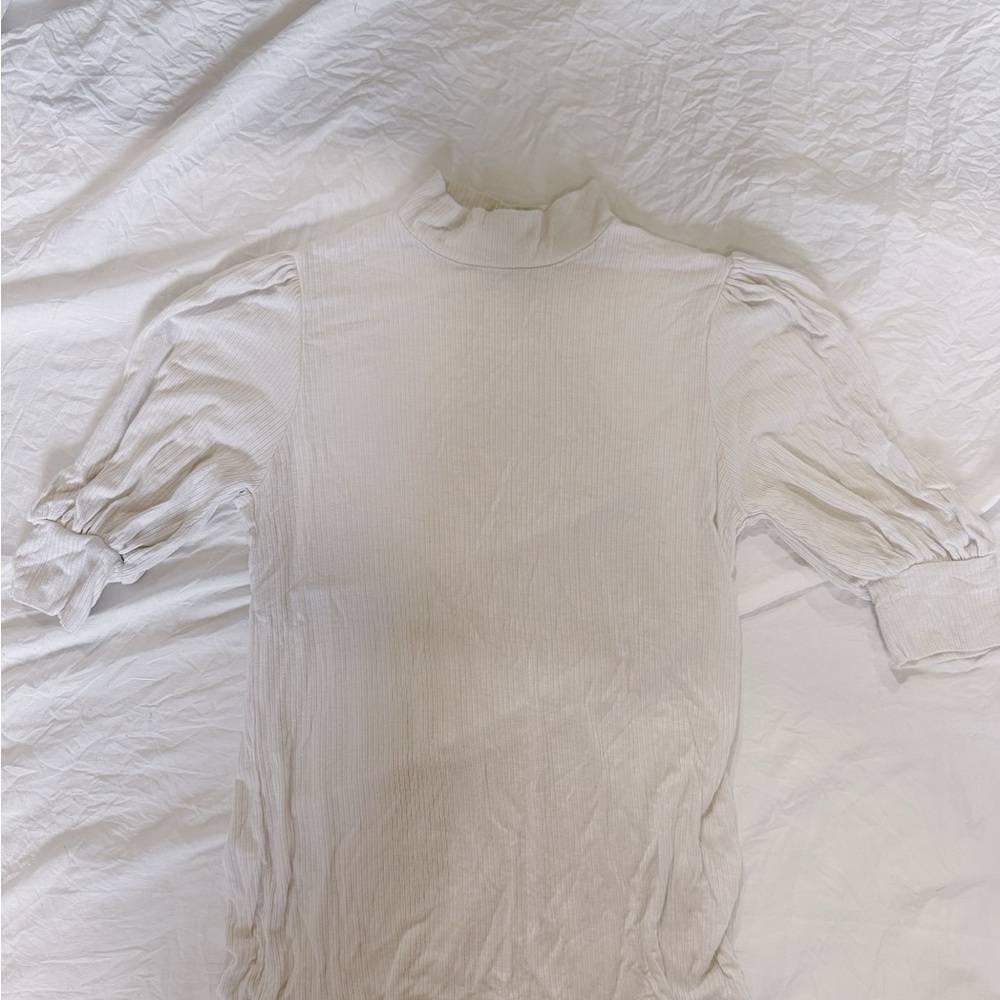 White Fitted Ribbed Blouse with Mandarin Collar